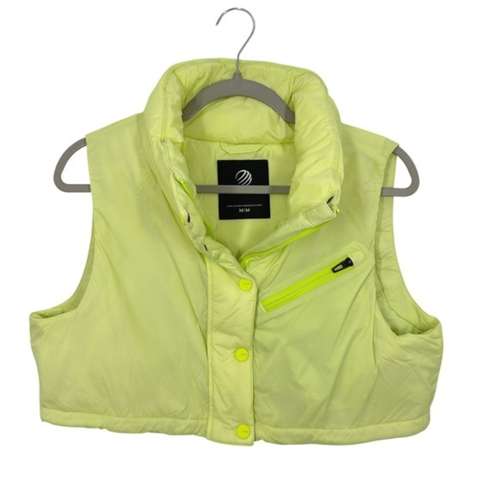 MPG Sport Puffer Vest Women's Size M Neon Yellow Cropped‎ Zip Pocket Athletic